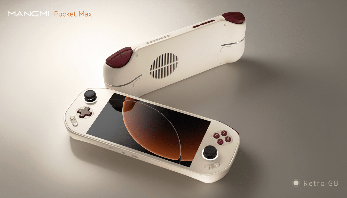MANGMI Pocket Max handheld gaming console specs revealed showing design and controls