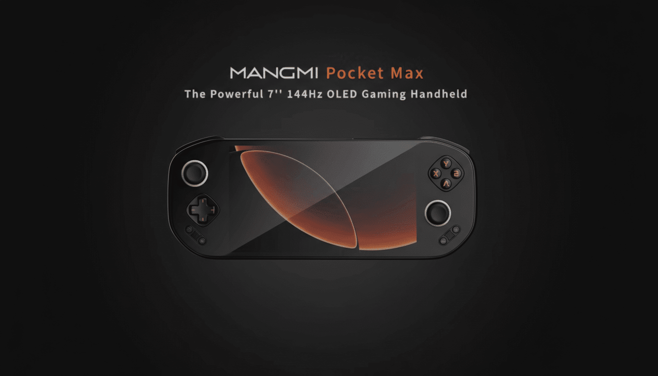 MANGMI Pocket Max handheld shown with key specs and features