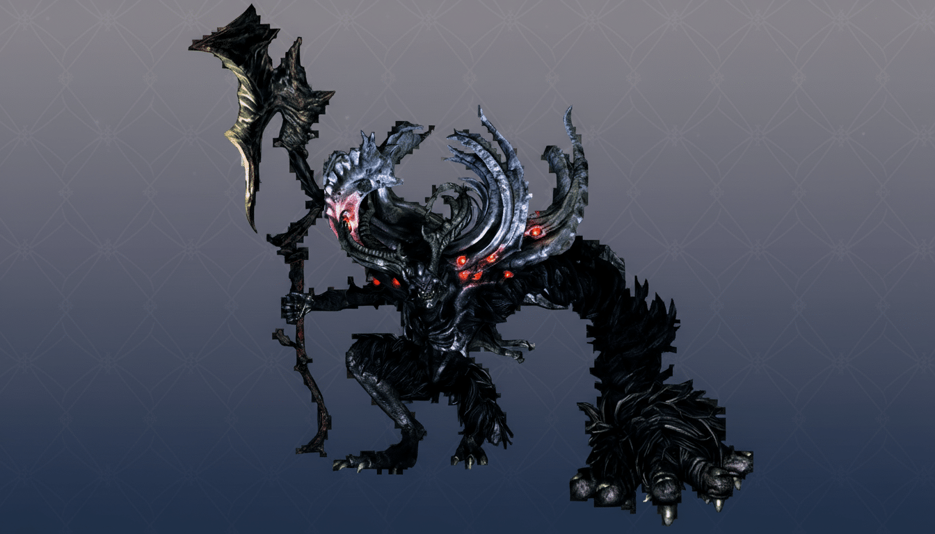 A dark, monstrous creature with glowing red eyes and a large scythe, set against a professional flat design background with soft patterns and a gradient.