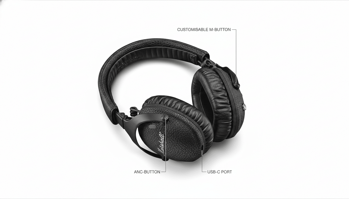 A pair of black Marshall headphones with labels pointing to the customisable M-button, ANC-button, and USB-C port.