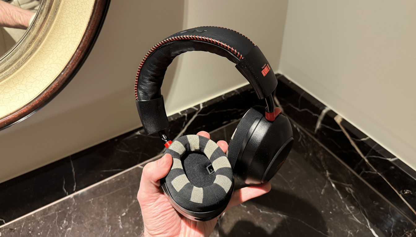 A hand holding a pair of black and red headphones with striped earcups, set against a background of a marble counter and a mirror.