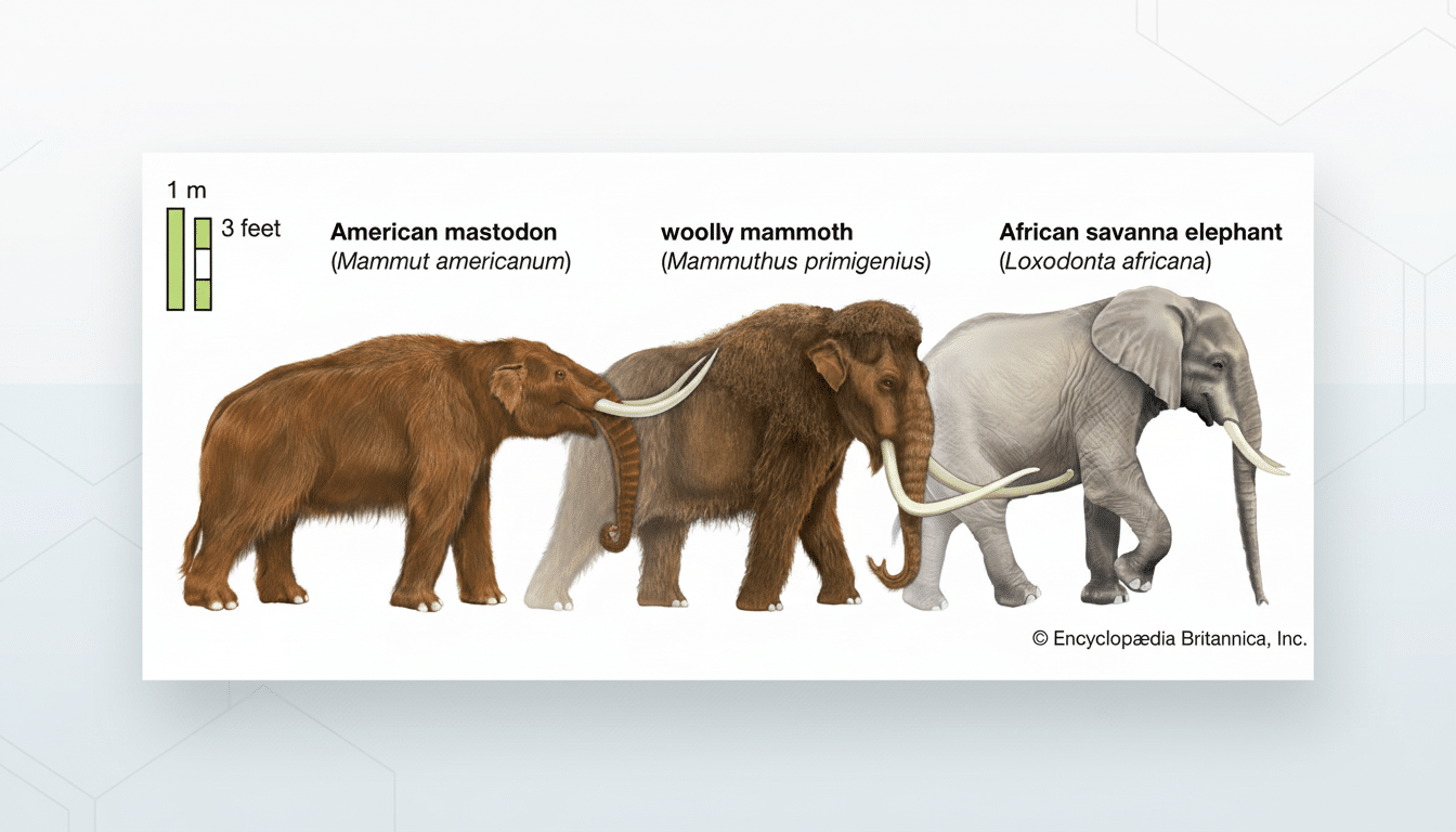 A professionally enhanced image showing the size comparison of an American mastodon, a woolly mammoth, and an African savanna elephant, with a clean, professional flat design background.