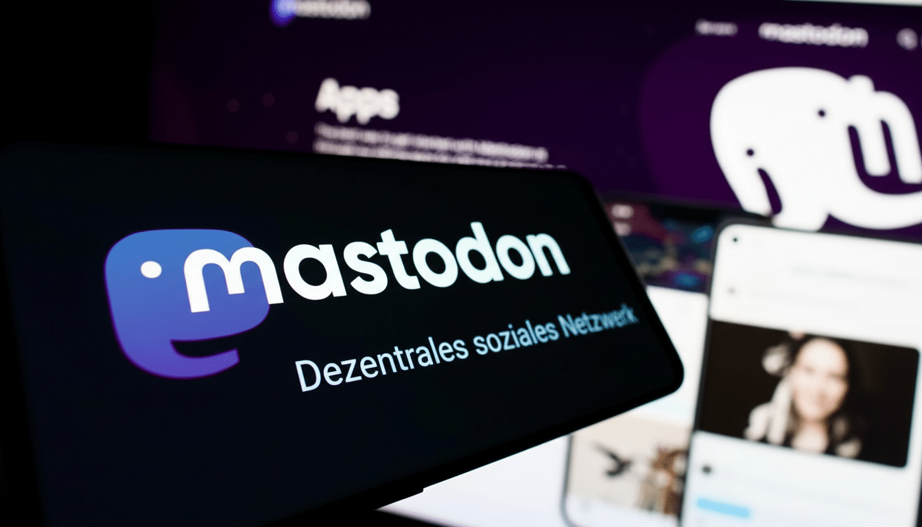A close-up shot of a smartphone displaying the Mastodon logo and text Dezentrales soziales Netzwerk (Decentralized social network) in white against a dark background, with other screens showing app interfaces blurred in the background.