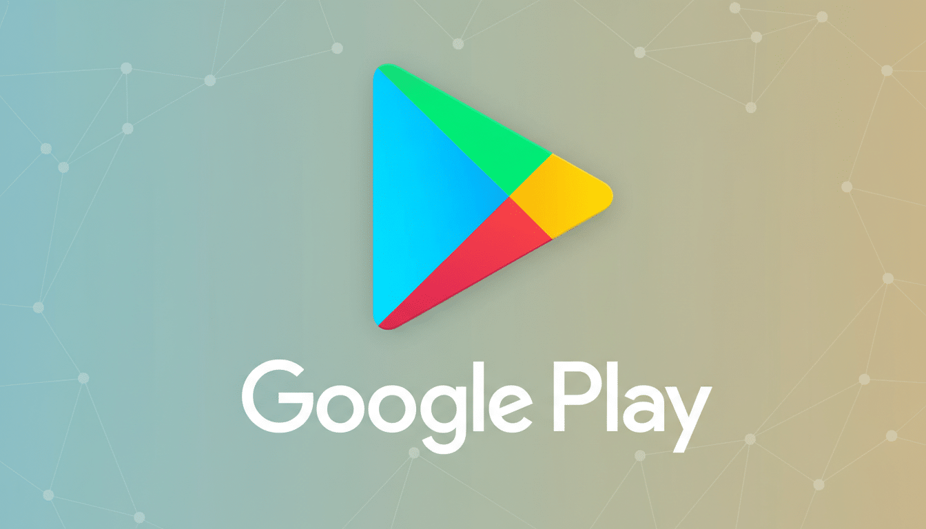 The Google Play logo and text on a professional flat design background with soft patterns and gradients.