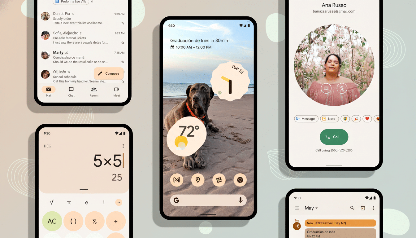 A collection of five smartphone screens displaying various Google Pixel features, including Gmail, a weather widget with a dog on a beach, a calculator, a contact screen, and a calendar.