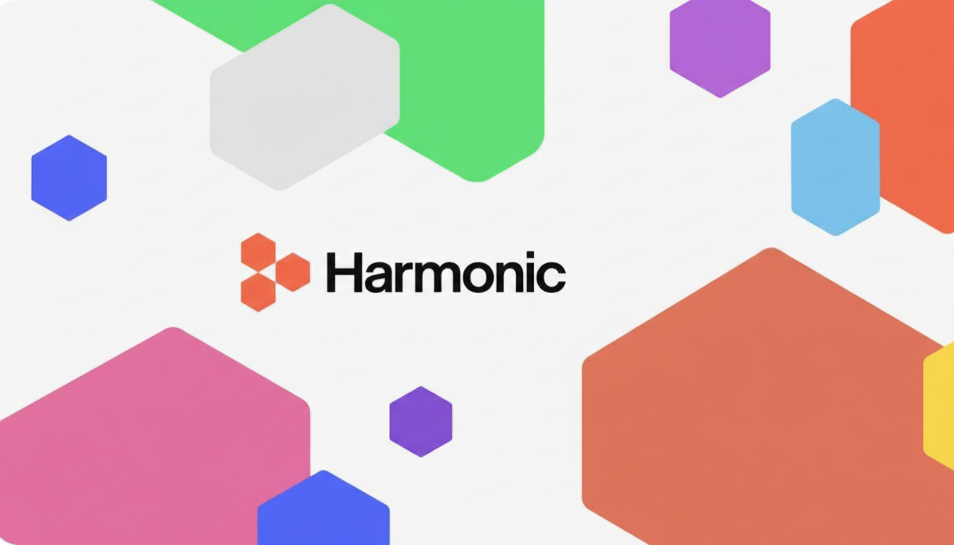 The Harmonic logo, featuring an orange hexagonal cluster, centered on a white background with scattered, colorful hexagonal shapes in various sizes.