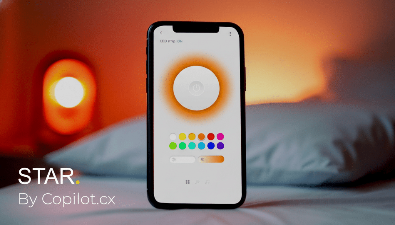 A smartphone displaying a smart light control app with a color palette, set against a warm, blurred background of a bedroom with an illuminated lamp.