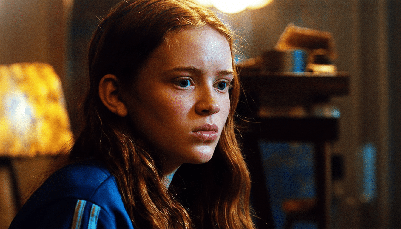 A young woman with long, wavy red hair and blue eyes, wearing a blue jacket with white stripes, looking thoughtfully to the right. The background is dimly lit and out of focus.