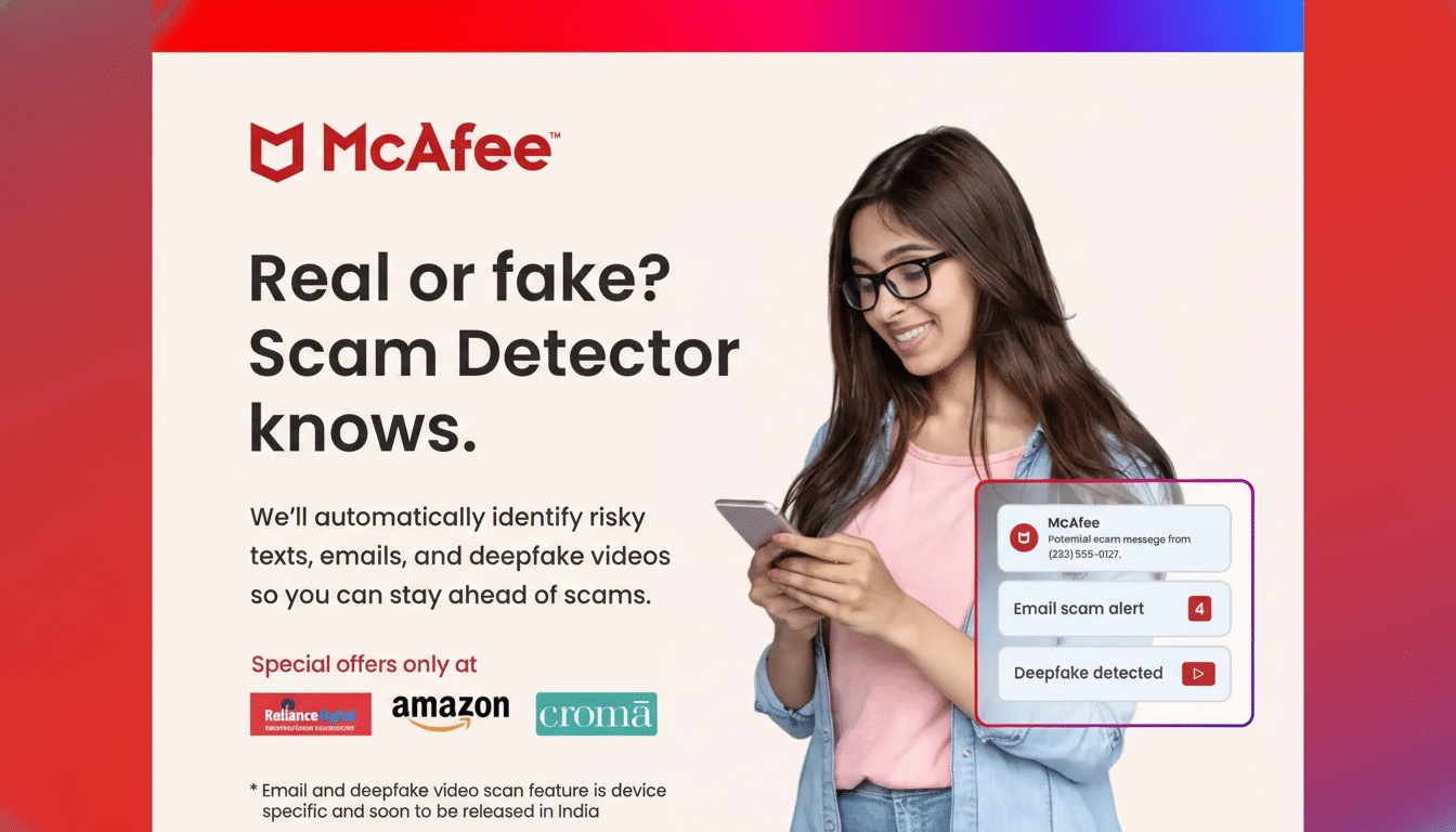 A young woman smiling while looking at her phone, with McAfee branding and text about a Scam Detector on a red and white background.