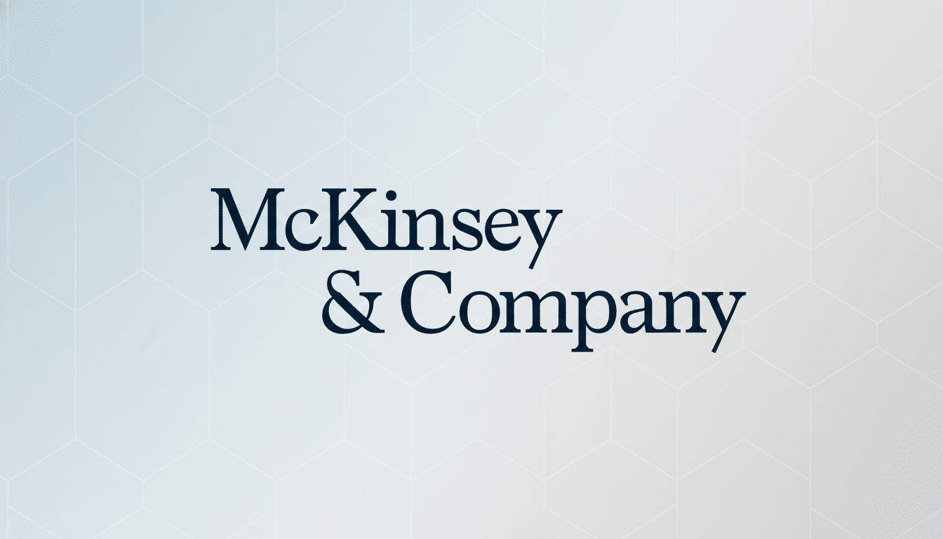 The McKinsey & Company logo, featuring the company name in a dark blue serif font, centered on a light gray background with a subtle, geometric hexagonal pattern.