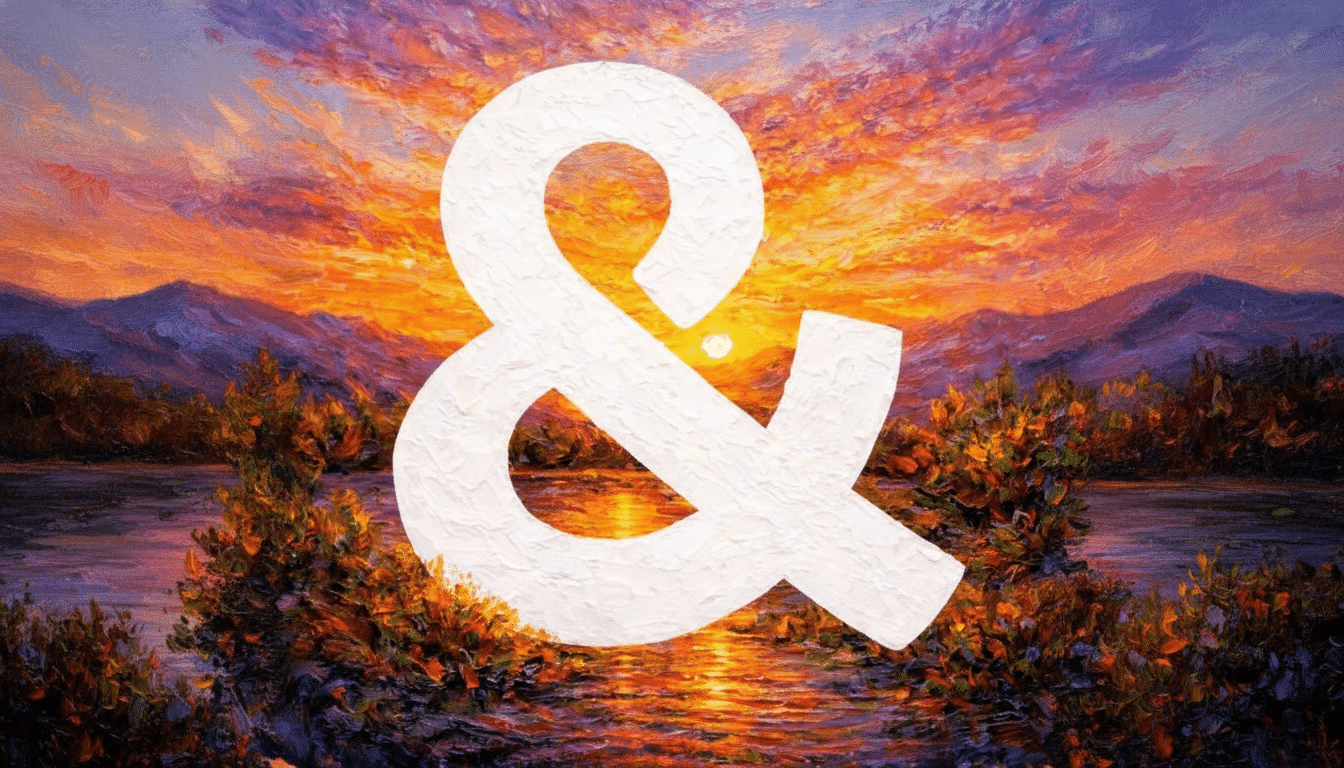 A white ampersand symbol overlaid on an impressionistic painting of a sunset over a body of water with mountains in the background.