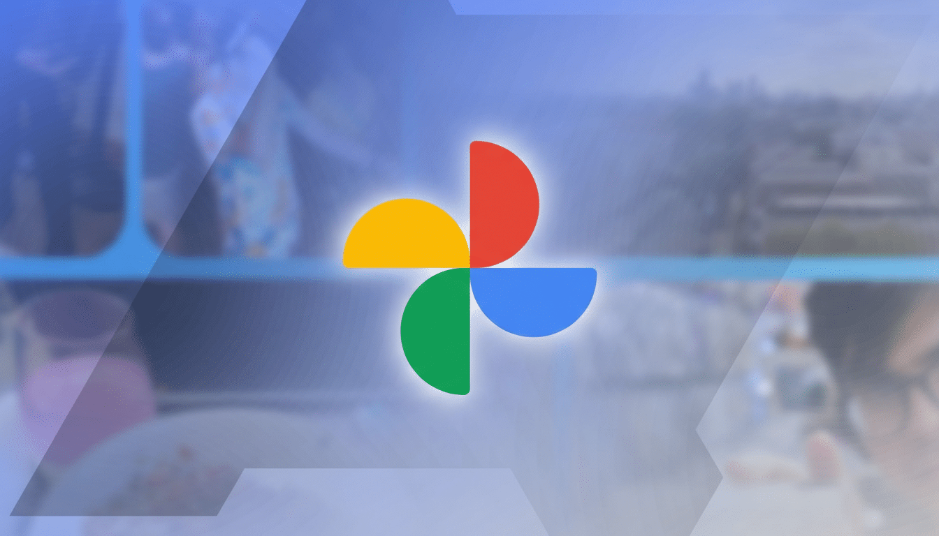 The Google Photos logo, a colorful pinwheel design, centered on a blurred background of people and a cityscape, resized to a 16:9 aspect ratio.