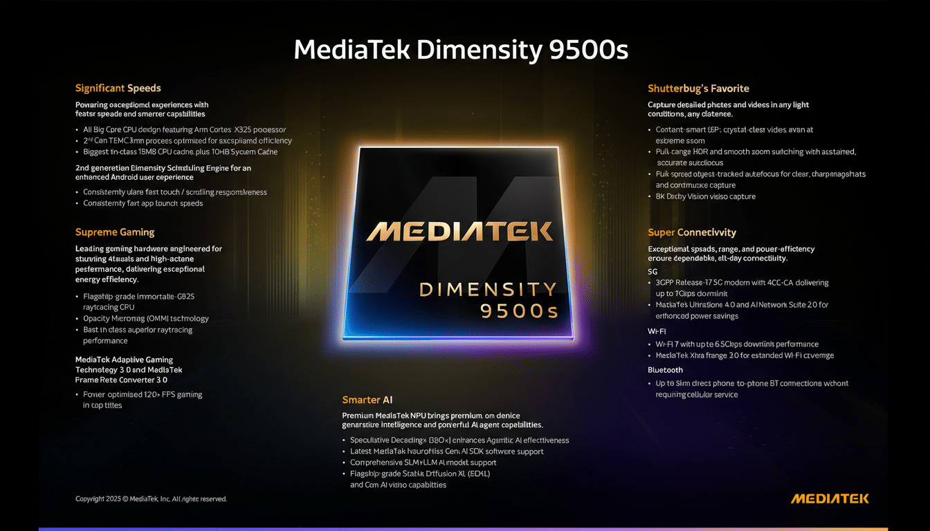 A professional presentation slide for MediaTek Dimensity 9500S, featuring a glowing central image of the chips branding against a dark background with text descriptions of its features and specifications.