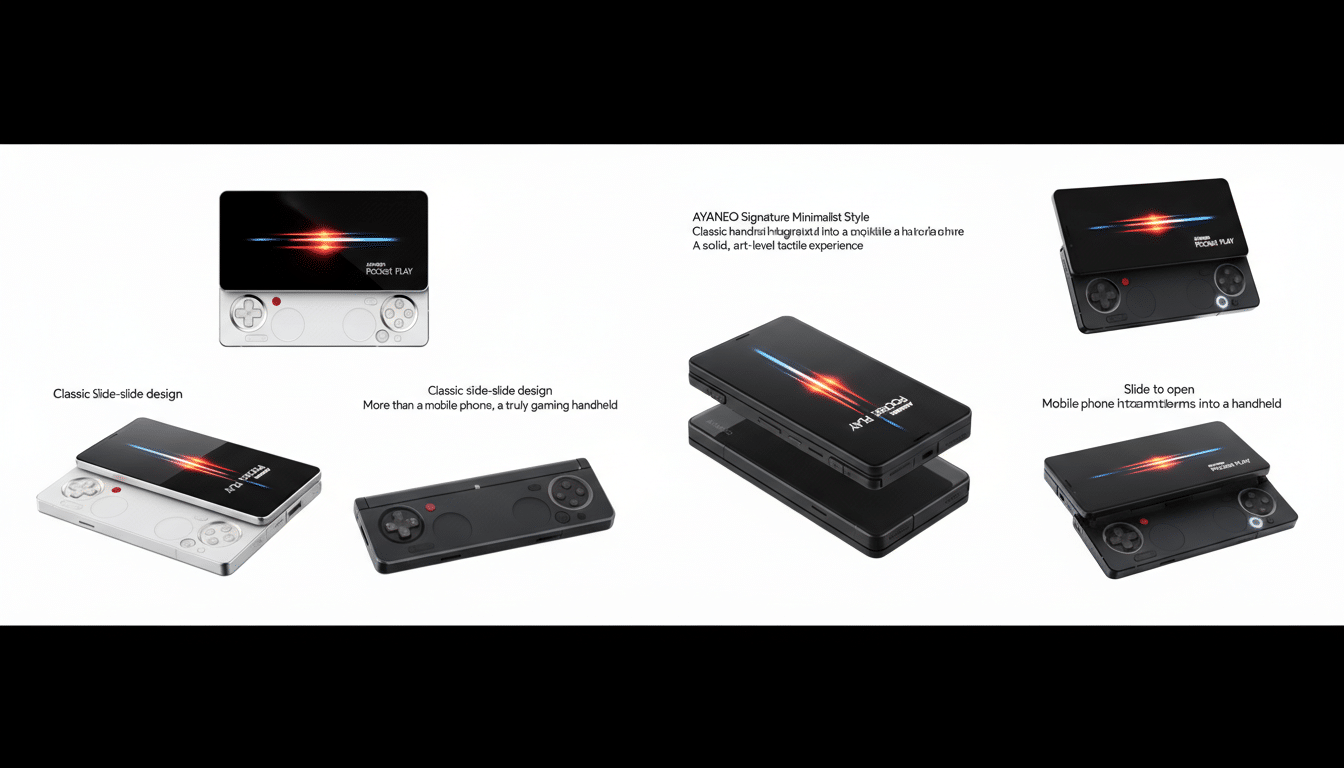 A professional, enhanced image of the AYANEO Pocket Play mobile gaming device, presented in a 16:9 aspect ratio. The image features multiple views of the device, showcasing its design, slide-out controller, and various color options (white and black). The background is a clean, professional flat design with soft gradients, highlighting the product without distraction.