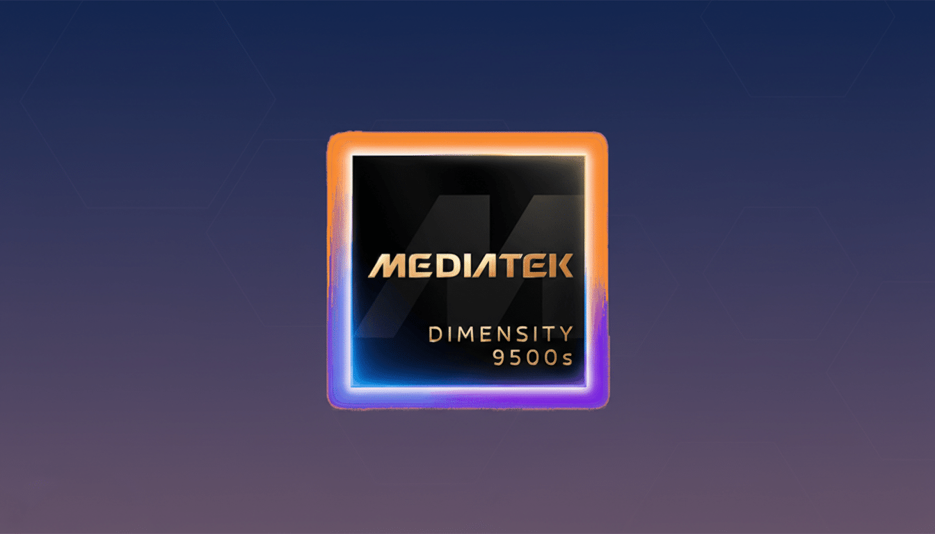 A 16:9 aspect ratio image of the MediaTek Dimensity 9500s chip, centered on a professional flat design background with soft purple and blue gradients.