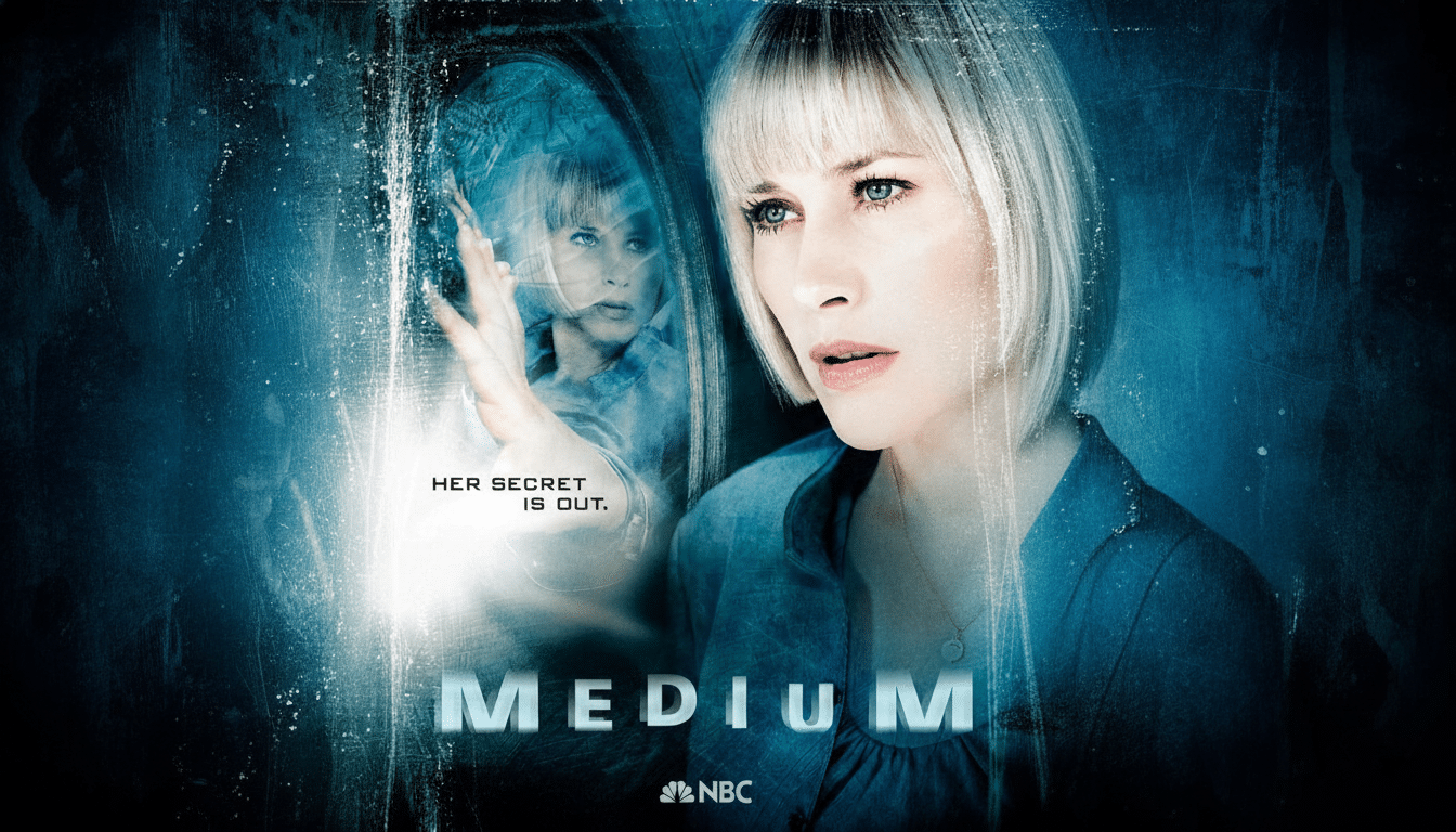 A 16:9 aspect ratio image of the Medium TV series poster, featuring Patricia Arquette with blonde hair and blue eyes, looking slightly to the right. In the background, a blurred reflection of her face is visible in a mirror-like surface, with her hand pressed against it. The text HER SECRET IS OUT. is positioned to the left of her, and MEDIUM is prominently displayed at the bottom, with the NBC logo below it. The overall color scheme is dark blue and white, with a slightly distressed, ethereal feel.