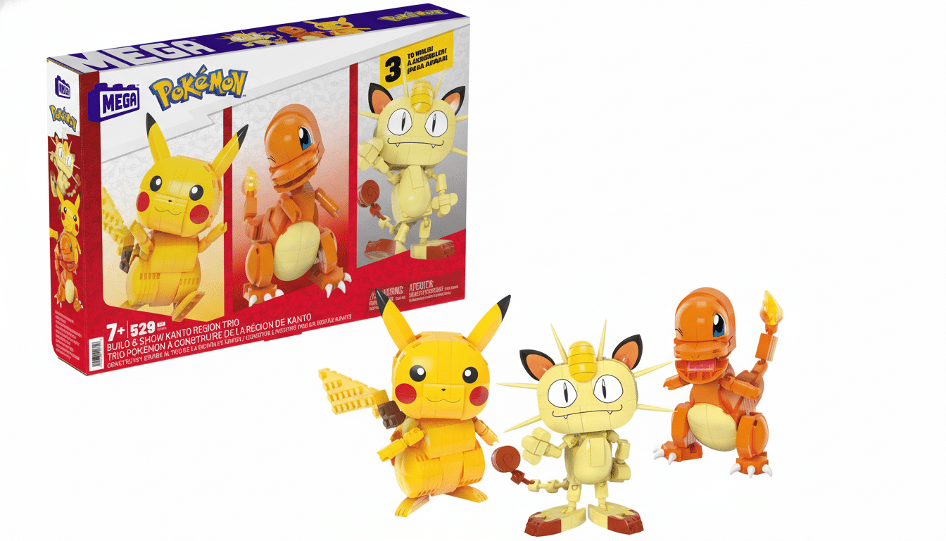 A Mega Construx Pokémon Kanto Region Trio set featuring buildable figures of Pikachu, Meowth, and Charmander, with the product box in the background.