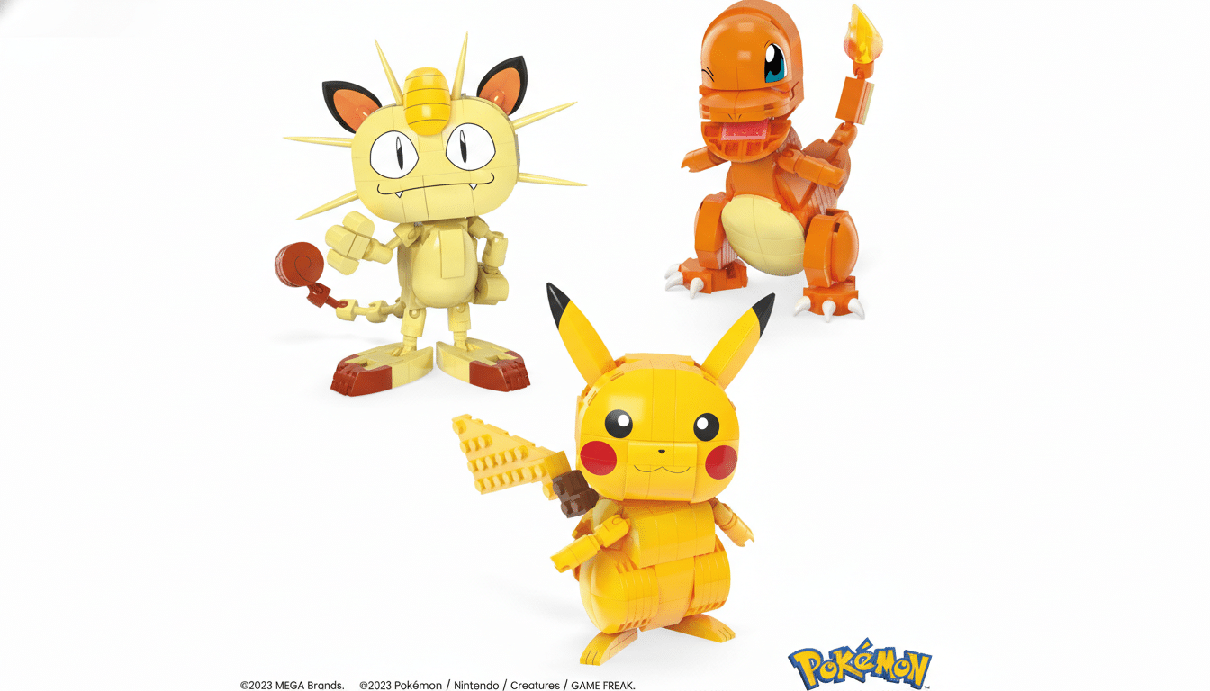 A 16:9 aspect ratio image featuring three Pokémon characters, Meowth, Charmander, and Pikachu, constructed from building blocks. They are arranged on a white background with the Pokémon logo in the bottom right corner.