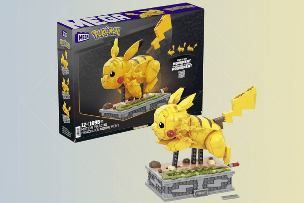 A Mega Construx Motion Pikachu building set, featuring a yellow Pikachu figure on a grey base, with its product box in the background, all set against a professional gradient background.