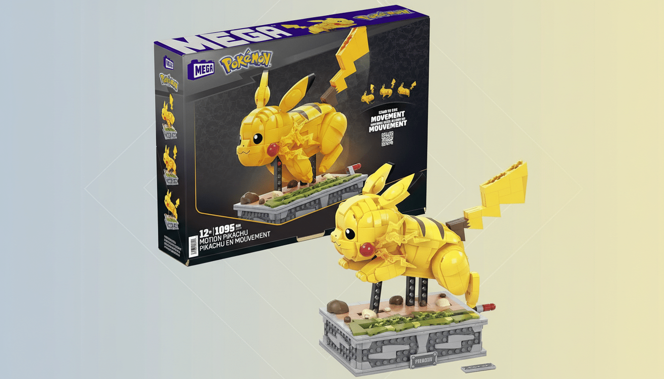 A Mega Construx Motion Pikachu building set, featuring a yellow Pikachu figure on a grey base, with its product box in the background, all set against a professional gradient background.