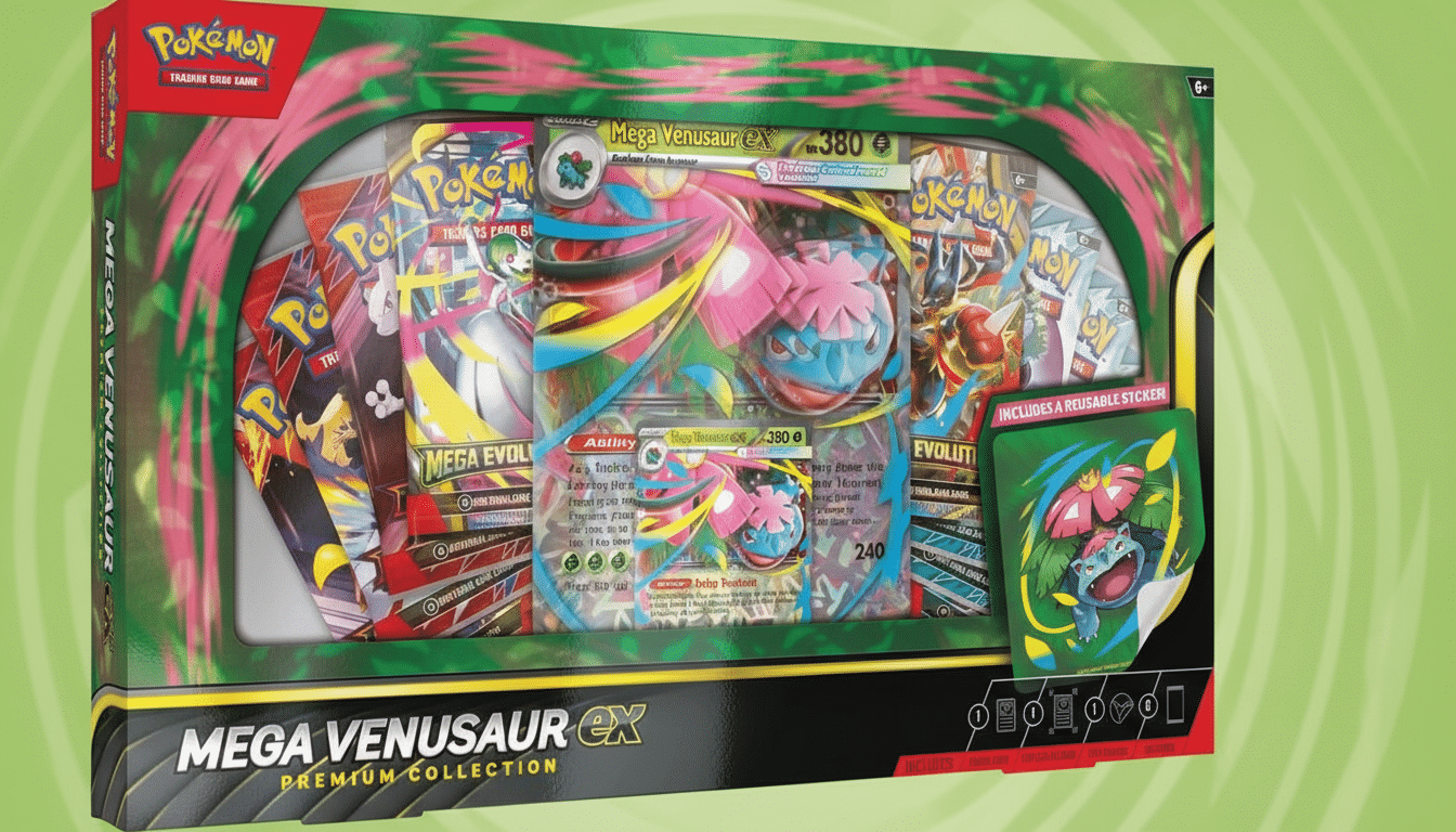 A Pokémon Mega Venusaur EX Premium Collection box, featuring a large Venusaur card and other booster packs, set against a soft green gradient background.