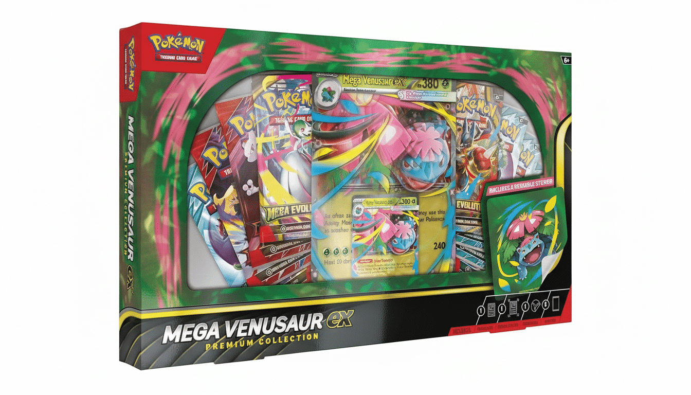 A Pokémon Mega Venusaur EX Premium Collection box, featuring a large Venusaur EX card, booster packs, and a sticker, presented in a 16:9 aspect ratio with a clean white background.