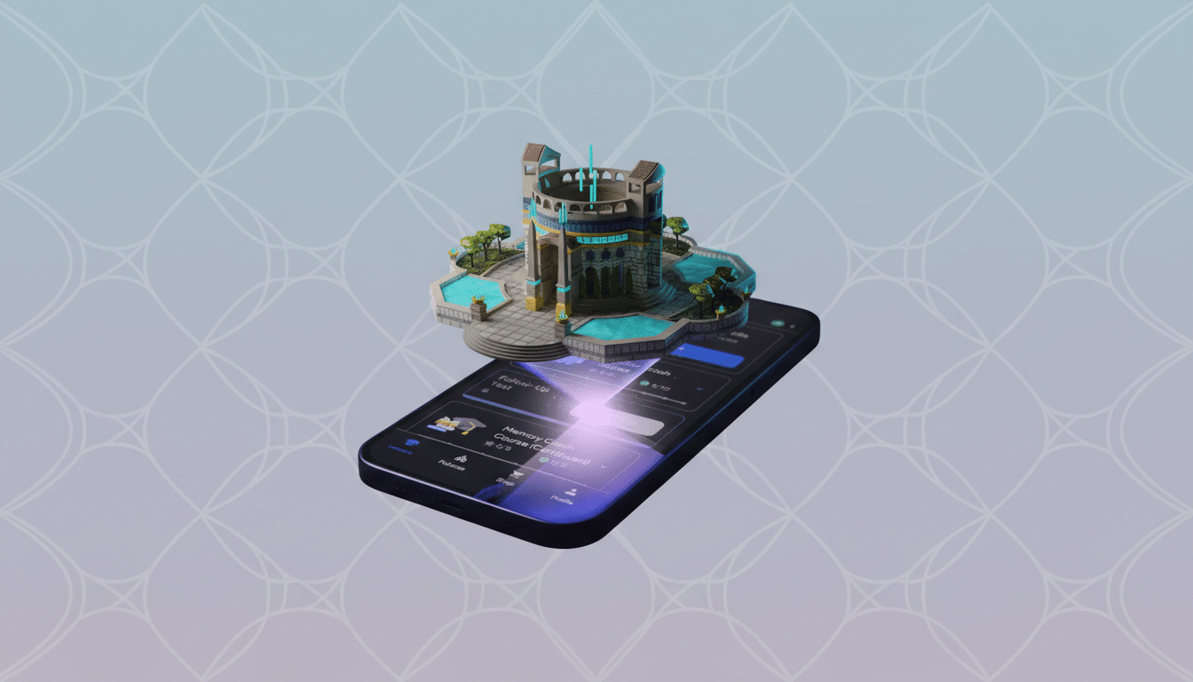 A smartphone displaying an app interface with a 3D model of a stylized palace or castle emerging from its screen, set against a professional flat design background with soft patterns.