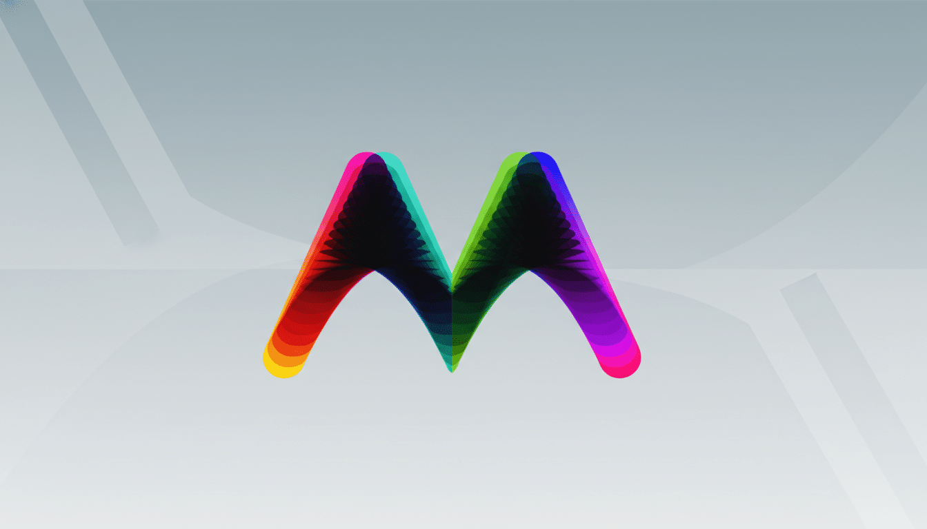 A colorful, layered M logo on a professional light gray background with subtle geometric patterns.