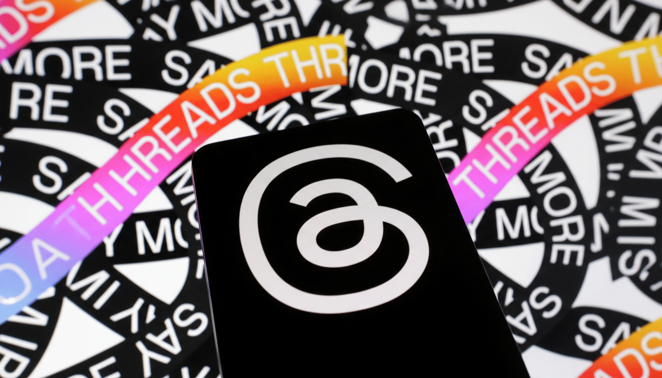 A smartphone displaying the Threads app logo, a white stylized a on a black background, with a background of repeating THREADS text in various colors.