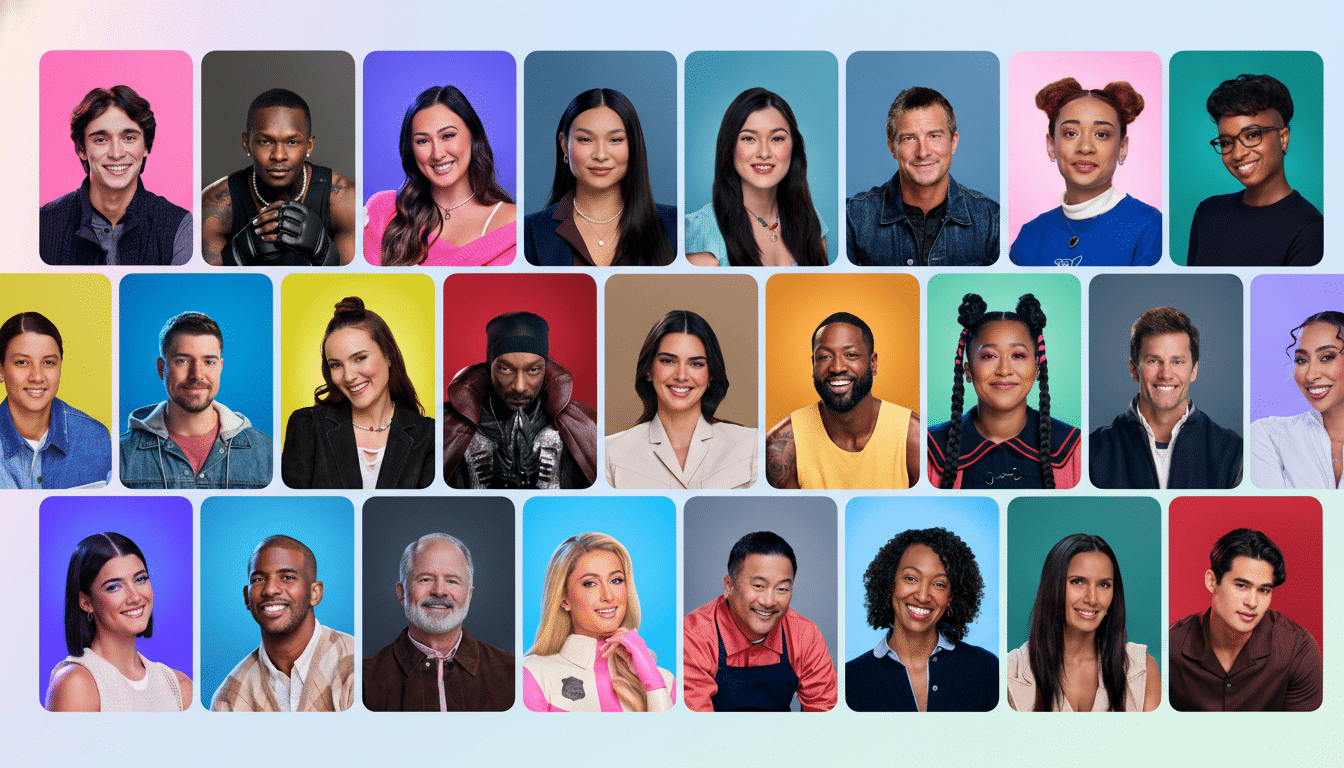 A grid of 24 headshots of various individuals, each in a rounded square frame with a different colored background.