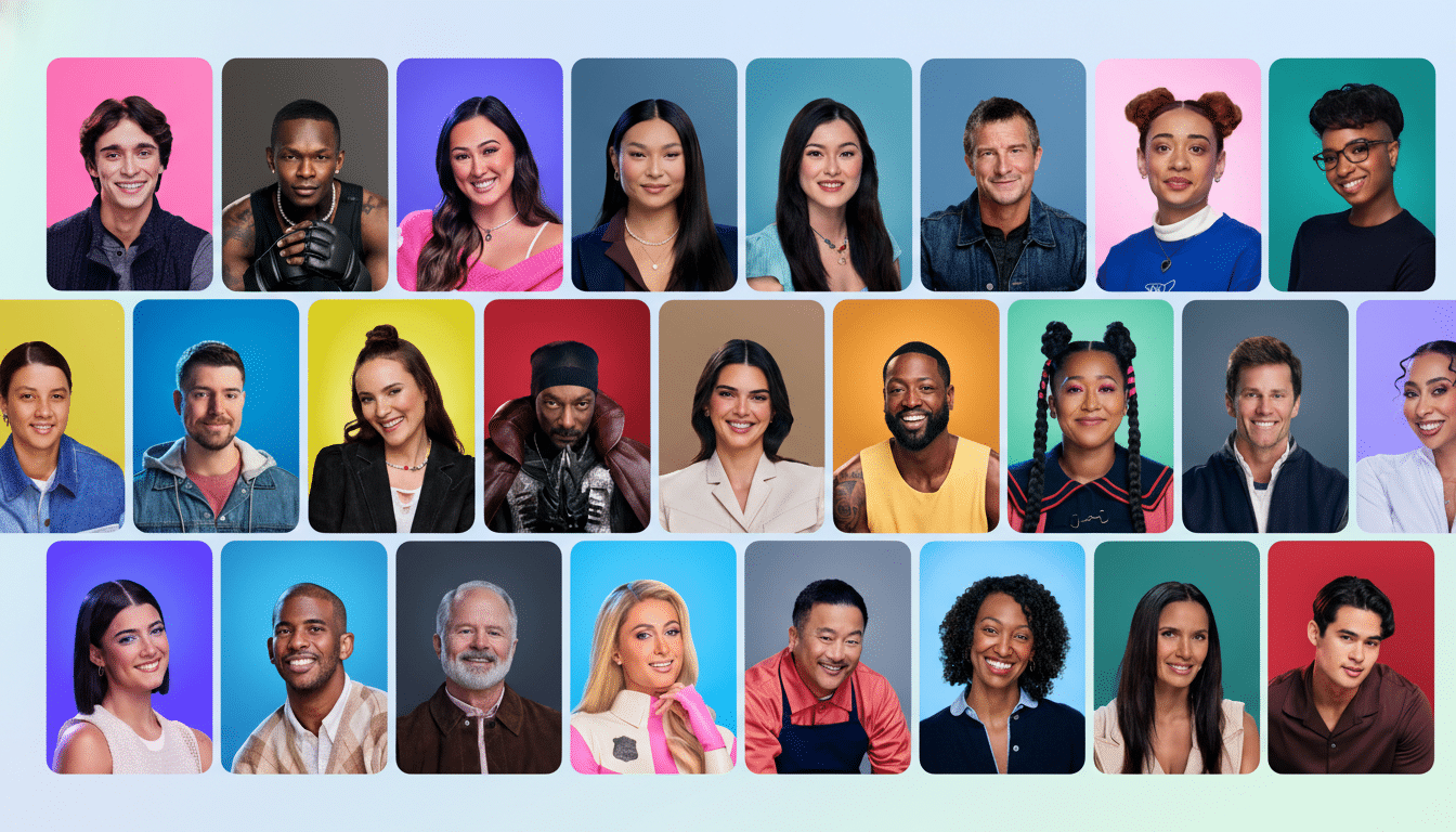 A grid of 24 headshots of diverse individuals, each framed in a rounded rectangle with a unique colored background.