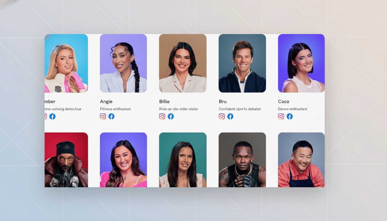 A grid of ten celebrity profile pictures with their names and short descriptions, presented on a white card with rounded corners, set against a soft blue and white gradient background.