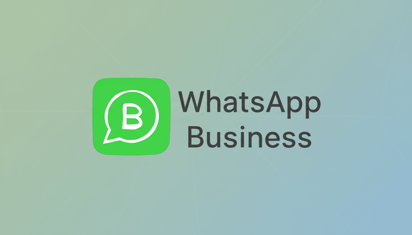 The WhatsApp Business logo and text on a professional flat design background with soft patterns and gradients, resized to a 16:9 aspect ratio.