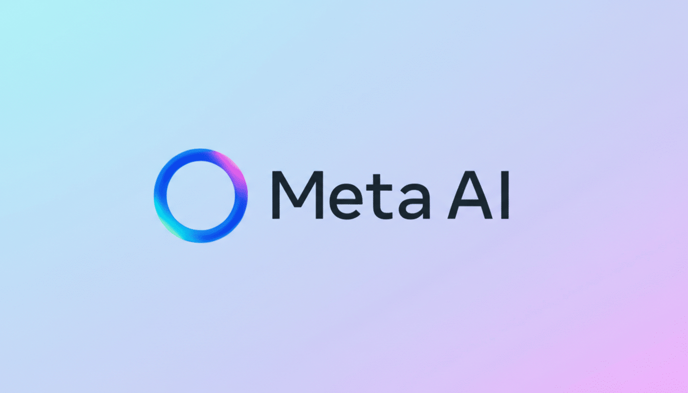 The Meta AI logo, featuring a gradient blue and purple circle to the left of the text Meta AI in a dark sans-serif font, set against a soft, light blue and pink gradient background.