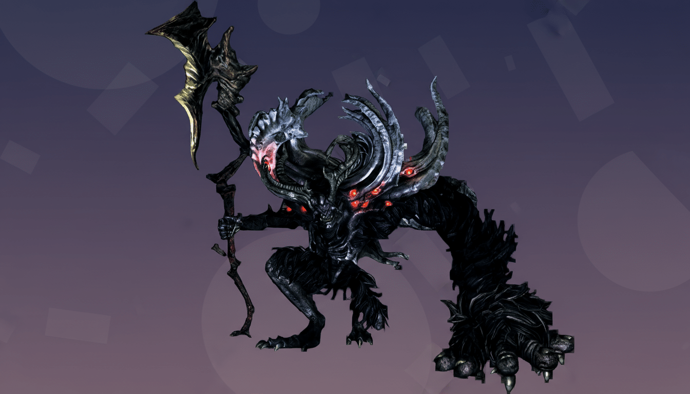 A dark, demonic creature with glowing red eyes and a large, scythe-like weapon, set against a professional flat design background with soft patterns and gradients.
