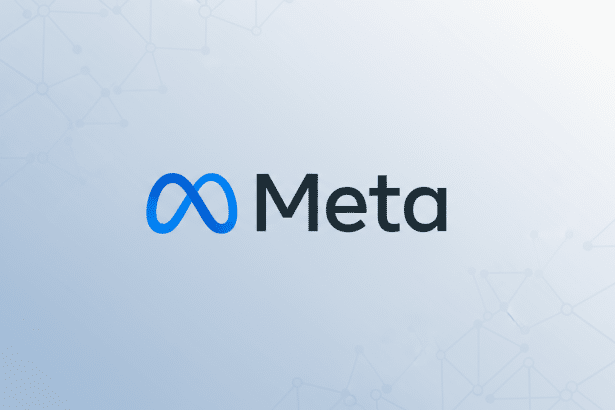 The Meta logo, featuring a blue infinity symbol next to the word Meta in dark gray, presented on a professional light blue gradient background with subtle geometric patterns.