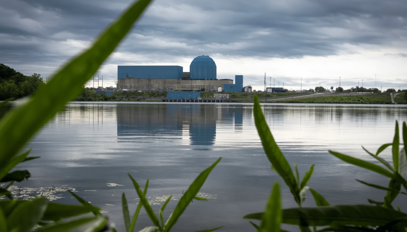 A nuclear power plant with a blue dome and rectangular buildings is reflected in a calm body of water under a cloudy sky, with green foliage in the foreground.