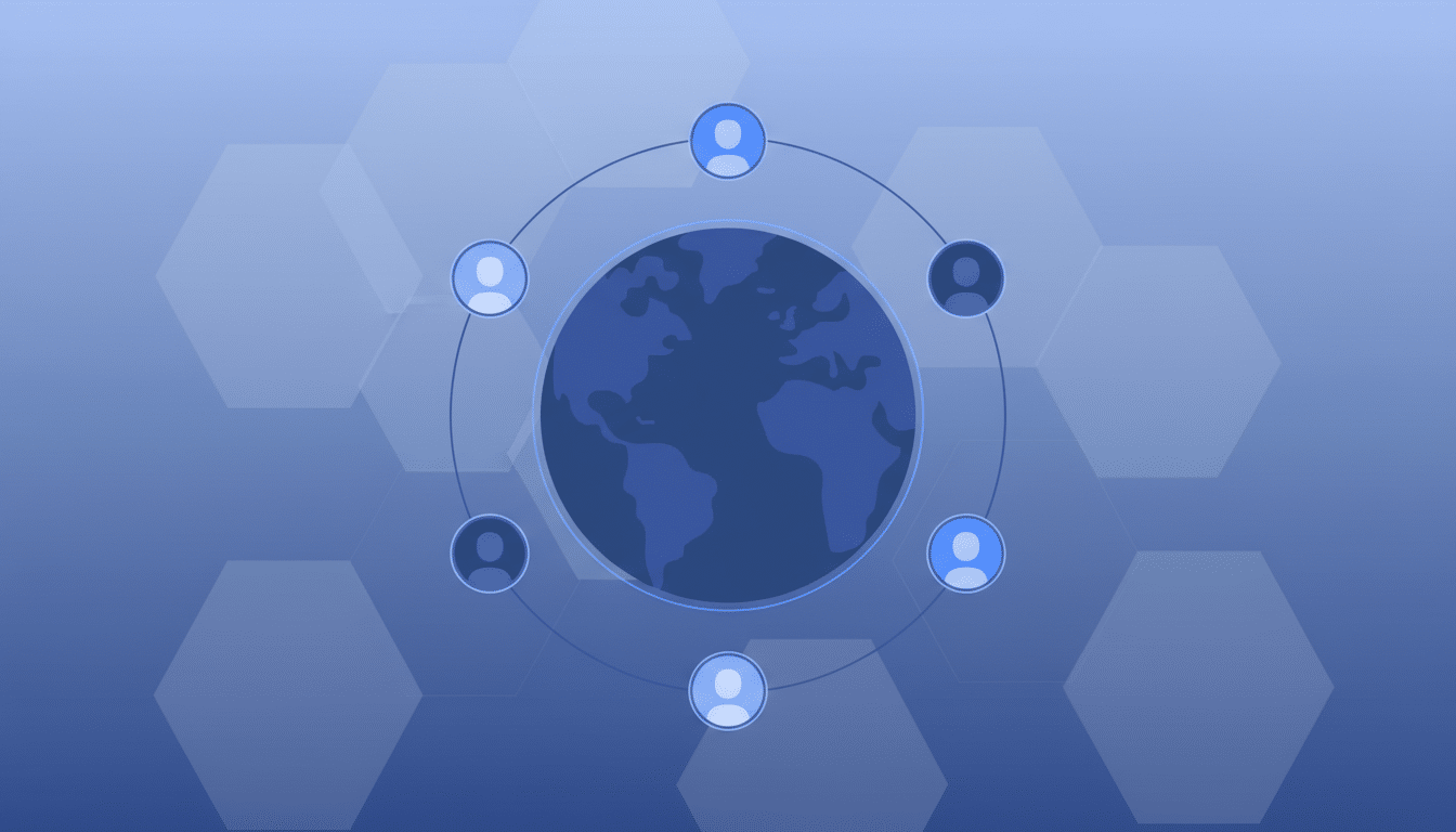 A blue globe icon surrounded by six user profile icons, connected by a circular line, set against a professional blue background with subtle hexagonal patterns.