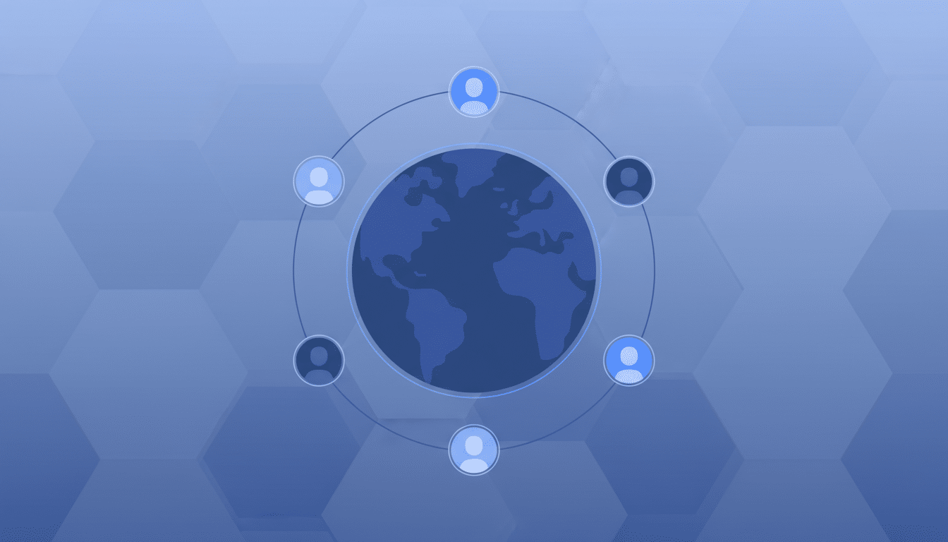 A blue globe icon surrounded by six user profile icons, connected by a circular line, set against a professional blue background with a subtle hexagonal pattern.