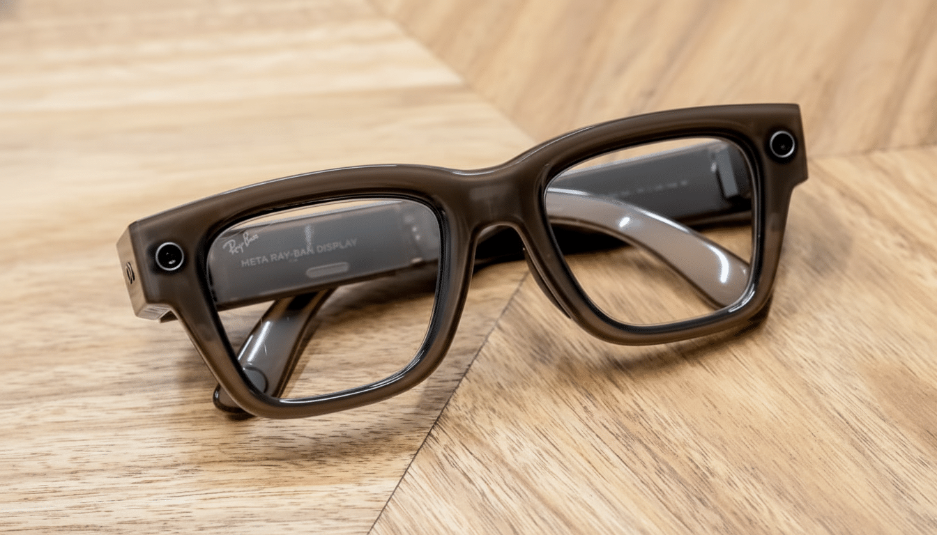 A pair of dark brown Meta Ray-Ban smart glasses with clear lenses resting on a light wooden surface.