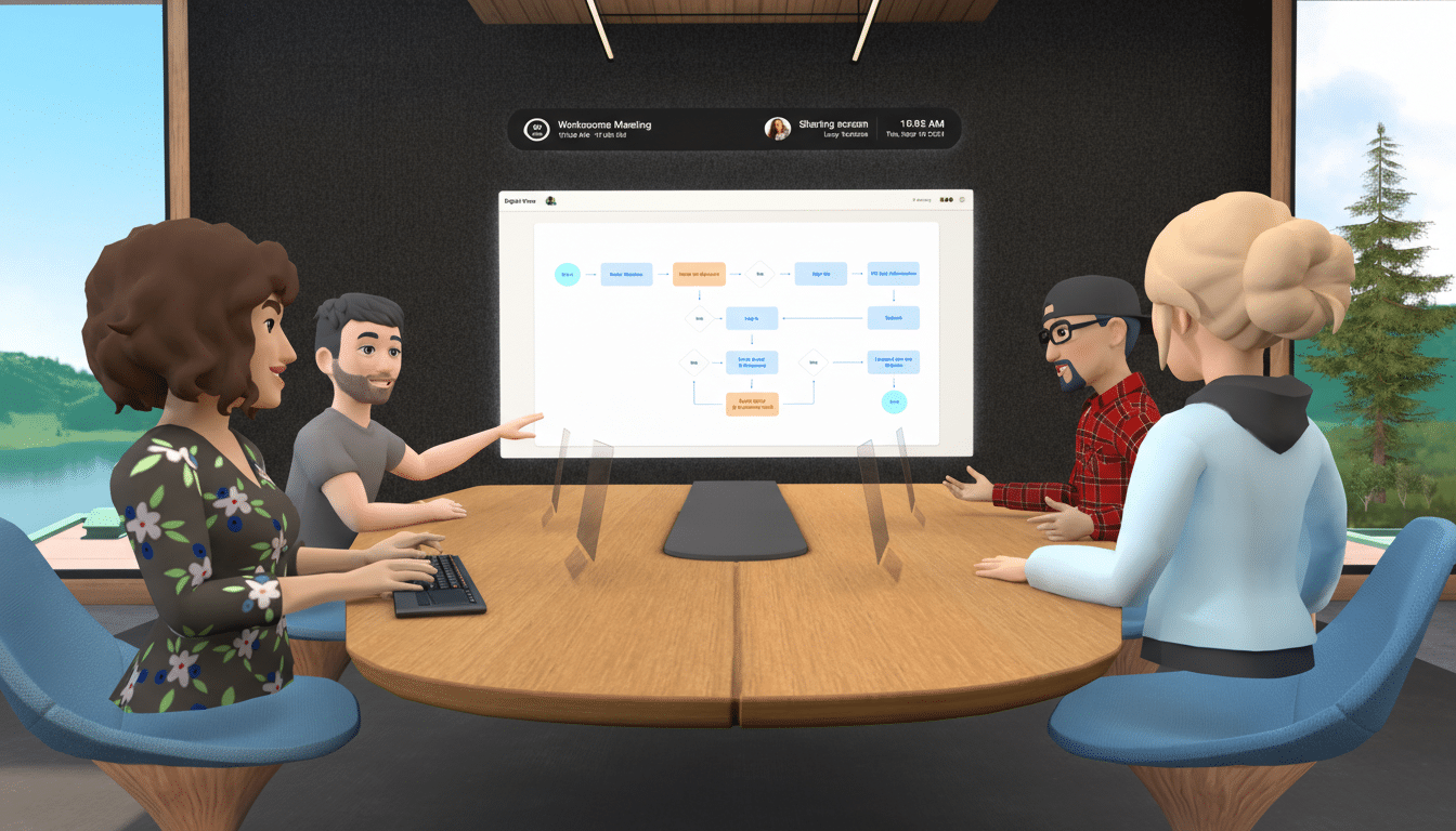 Four animated people in a virtual meeting room, seated around a wooden table with a large screen displaying a flowchart.