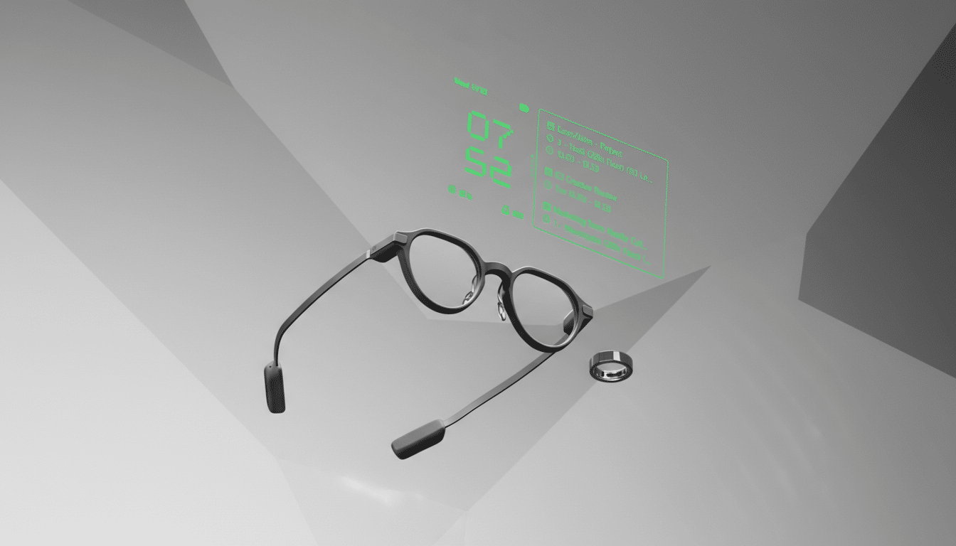 Smart glasses and a smart ring displaying a holographic interface with time and calendar events, set against a professional gray background with subtle geometric patterns.
