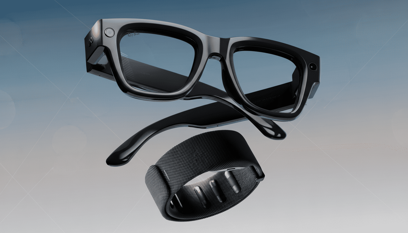 A pair of black smart glasses and a black charging case are displayed against a professional background with soft patterns and gradients.