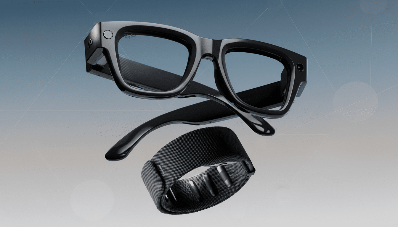 A pair of black smart glasses and a black mesh wristband floating against a professional gradient background with subtle geometric patterns.