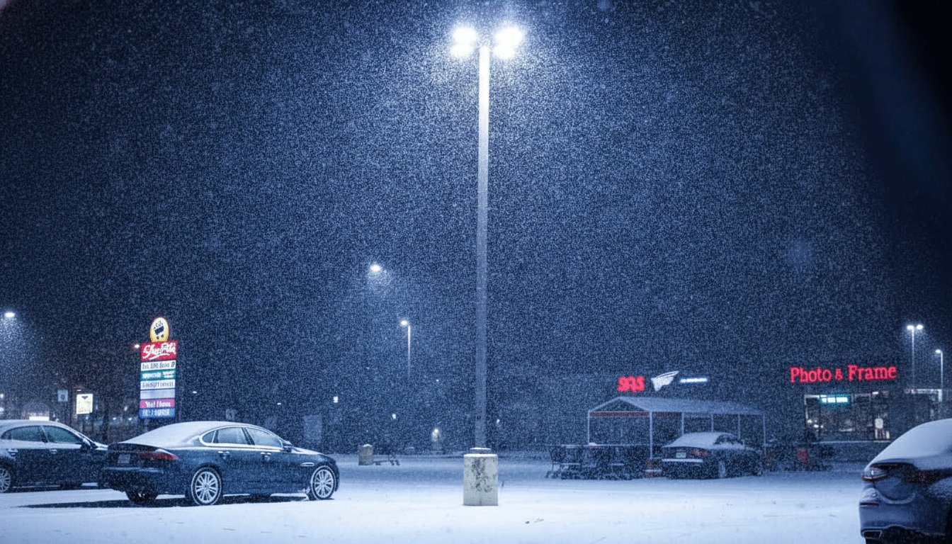 A snowy night scene in a parking lot with a tall street light illuminating falling snow, cars, and storefronts in the background.