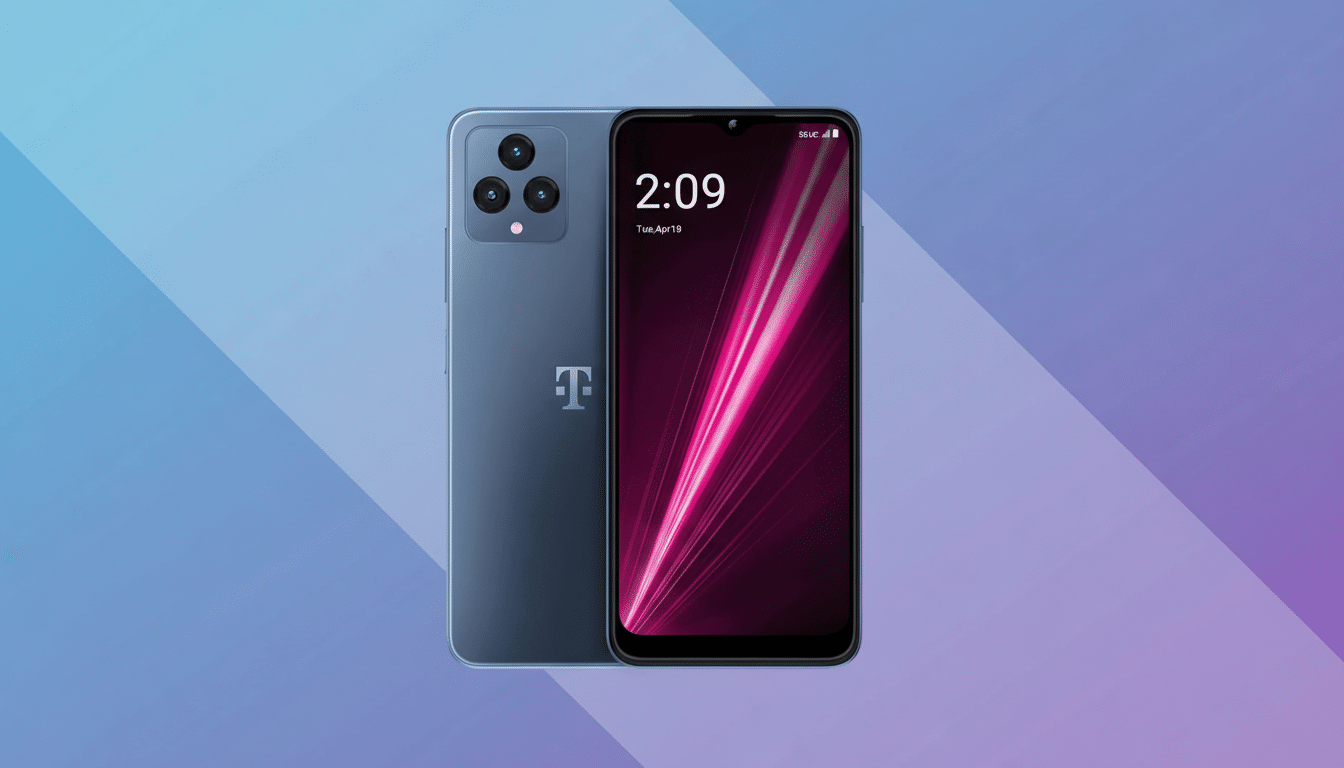 A blue smartphone with a T-Mobile logo on the back, and its screen displaying the time 2:09 and date Tue, Apr 19, is presented against a professional background with soft blue and purple gradients.