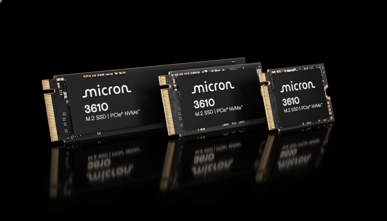 Three Micron 3610 M.2 SSDs of varying sizes are displayed on a black background with a subtle reflection.