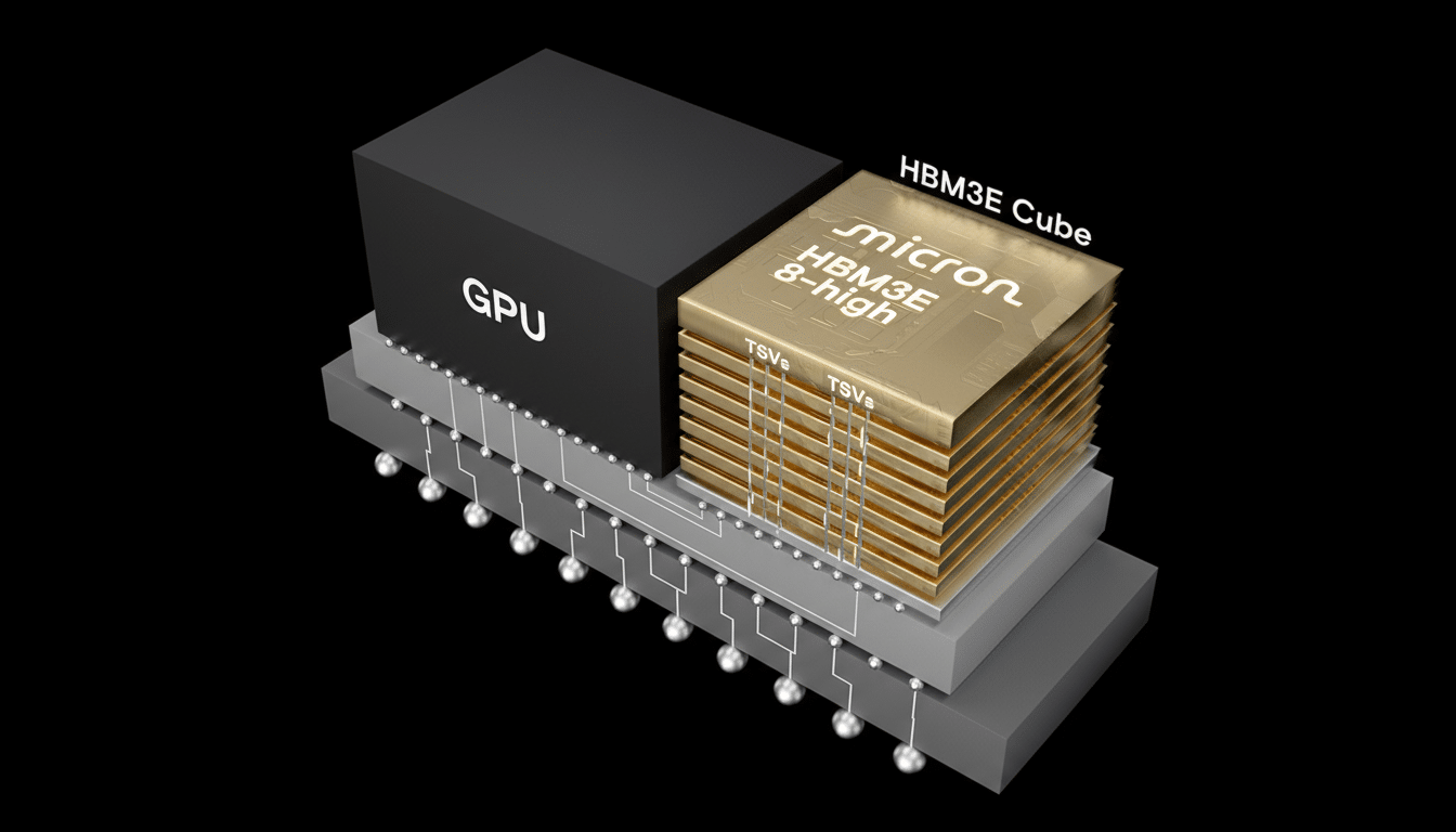 A Micron HBM3E 8-high memory cube connected to a GPU, illustrating advanced semiconductor packaging.