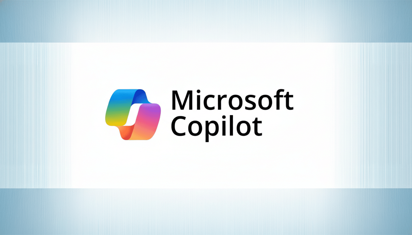 The Microsoft Copilot logo and text on a white background with a subtle blue gradient at the top and bottom, resized to a 16:9 aspect ratio.