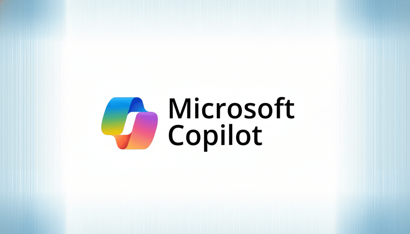 The Microsoft Copilot logo and text on a white background with a subtle blue gradient pattern on the sides, resized to a 16:9 aspect ratio.